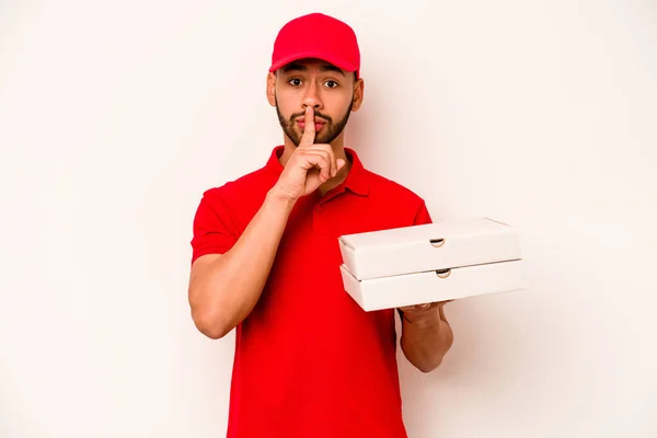 Young Hispanic Delivery Man Holding Pizzas Isolated White Background Keeping — Stockfoto