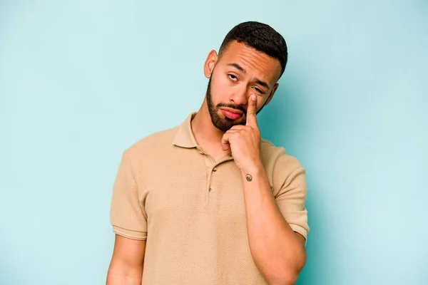 Young Hispanic Man Isolated Blue Background Crying Unhappy Something Agony — 스톡 사진