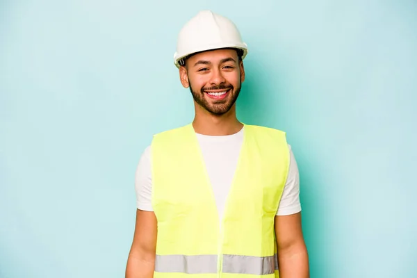 Young Laborer Hispanic Man Isolated Blue Background Happy Smiling Cheerful — 스톡 사진