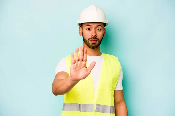 Young Laborer Hispanic Man Isolated Blue Background Standing Outstretched Hand — 스톡 사진