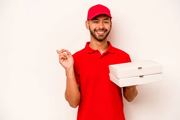 Young Hispanic Delivery Man Holding Pizzas Isolated White Background Smiling — ストック写真