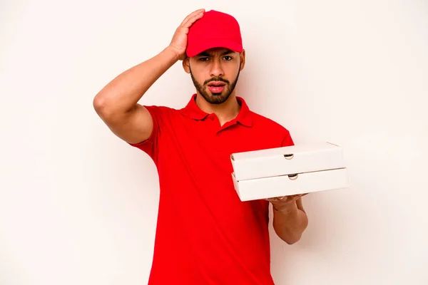 Young Hispanic Delivery Man Holding Pizzas Isolated White Background Being — Stockfoto