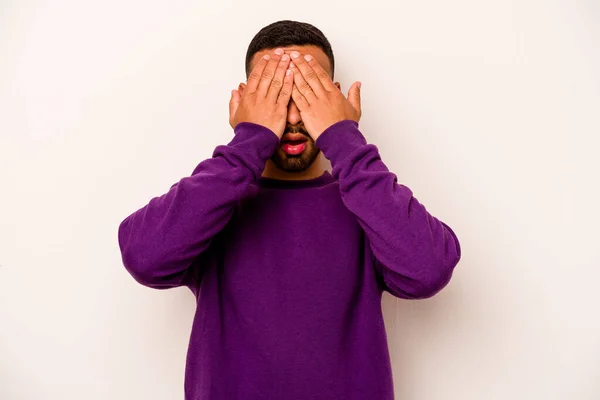 Young Hispanic Man Isolated White Background Afraid Covering Eyes Hands — ストック写真