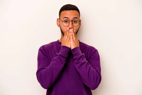 Young Hispanic Man Isolated White Background Shocked Covering Mouth Hands — 스톡 사진