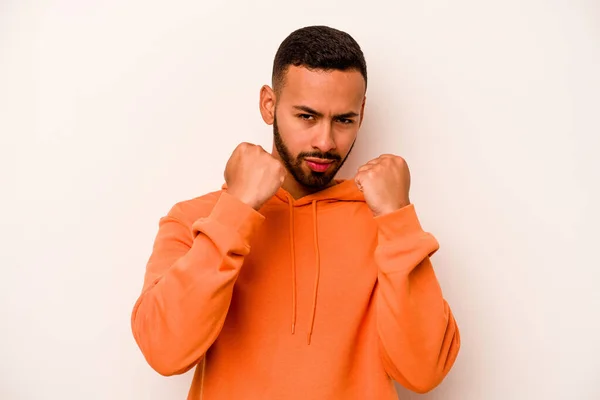 Young Hispanic Man Isolated White Background Throwing Punch Anger Fighting — 스톡 사진