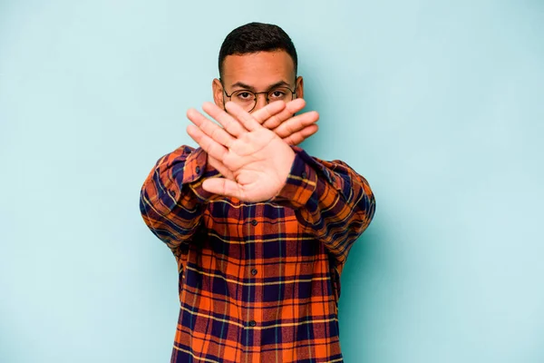 Young Hispanic Man Isolated Blue Background Doing Denial Gesture — 스톡 사진