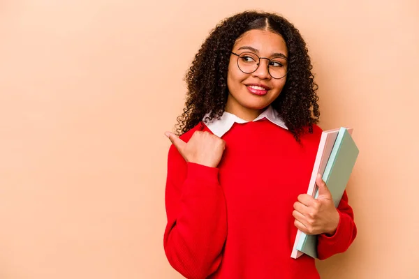 Young Student African American Woman Isolated Beige Background Points Thumb — Photo