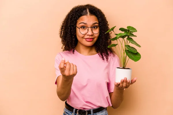 Young African American Woman Holding Plant Isolated Beige Background Pointing — Stock fotografie