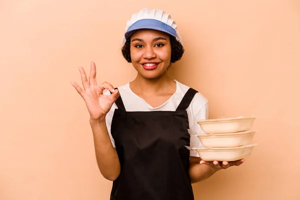 Young Cook Volunteer African American Woman Isolated Beige Background Cheerful — Fotografia de Stock