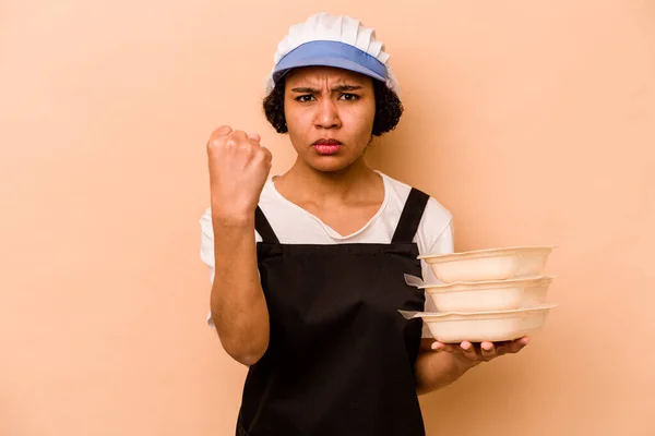 Young Cook Volunteer African American Woman Isolated Beige Background Showing — Stok fotoğraf