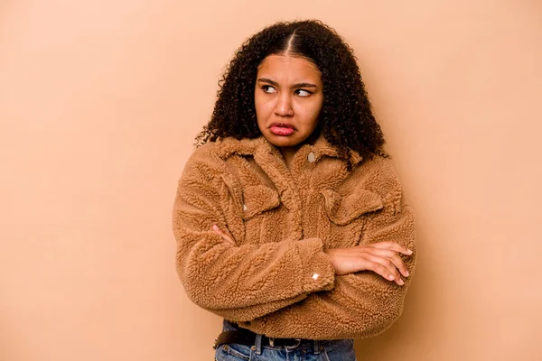 Young African American Woman Isolated Beige Background Tired Repetitive Task — Stock Photo, Image
