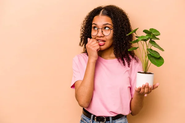 Ung Afroamerikansk Kvinna Håller Växt Isolerad Beige Bakgrund Avslappnad Tänka — Stockfoto