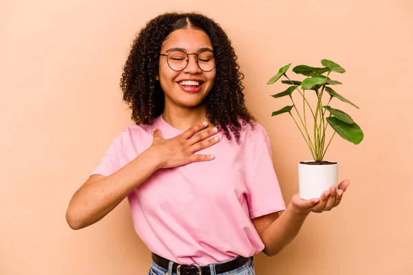 Young African American Woman Holding Plant Isolated Beige Background Laughs — Stock fotografie