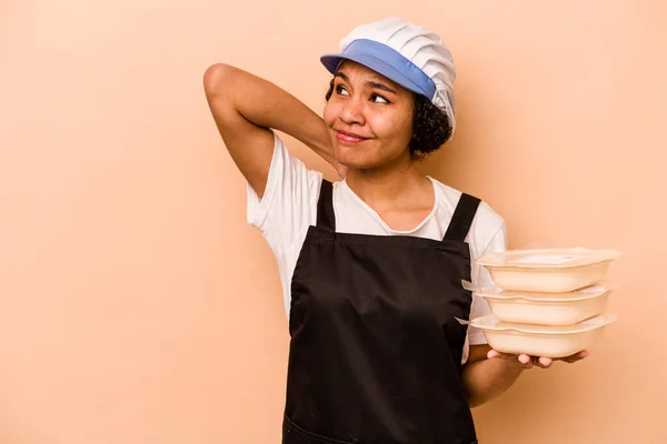 Young Cook Volunteer African American Woman Isolated Beige Background Touching — Fotografia de Stock