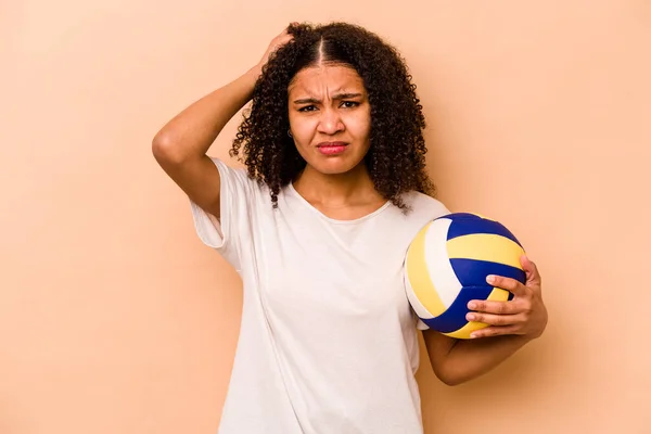 Young African American Woman Playing Volleyball Isolated Beige Background Being — 图库照片