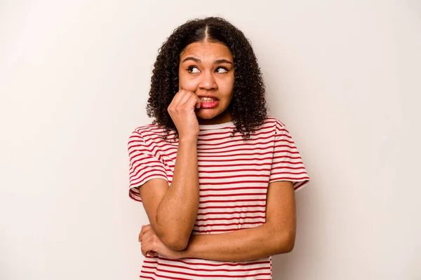 Young African American Woman Isolated White Background Biting Fingernails Nervous — Stock Photo, Image