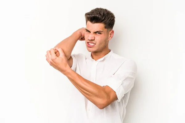 Jovem Caucasiano Isolado Fundo Branco Com Uma Dor Pescoço Devido — Fotografia de Stock