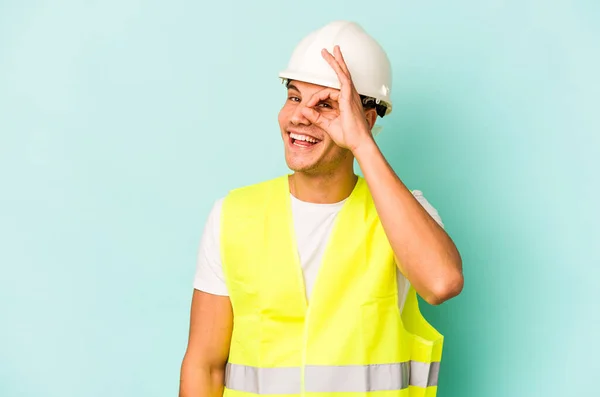 Young Laborer Caucasian Man Isolated Blue Background Excited Keeping Gesture — 스톡 사진