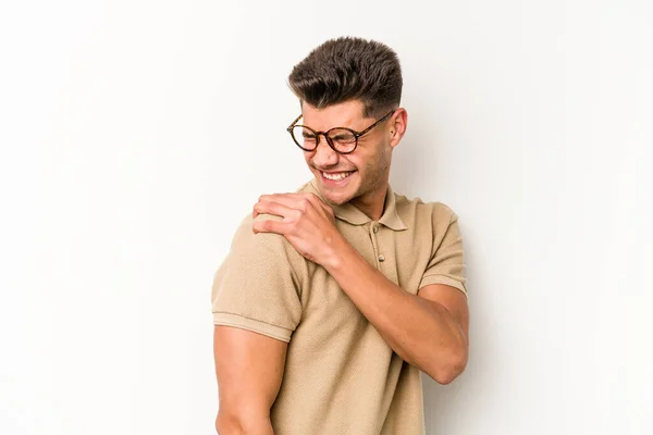 Jonge Blanke Man Geïsoleerd Witte Achtergrond Met Een Schouder Pijn — Stockfoto