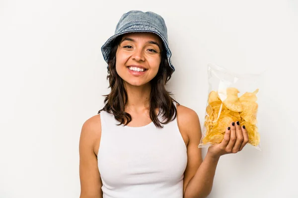 Young Hispanic Woman Holding Bag Chips Isolated White Background Happy — Foto Stock