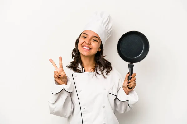 Young Hispanic Chef Woman Isolated White Background Showing Number Two — Stockfoto