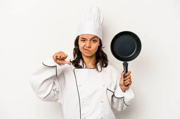 Young Hispanic Chef Woman Isolated White Background Showing Dislike Gesture —  Fotos de Stock