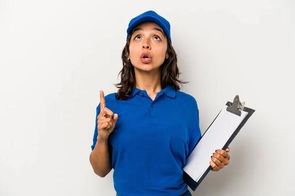 Young Hispanic Woman Delivery Man Isolated White Background Pointing Upside — Foto Stock