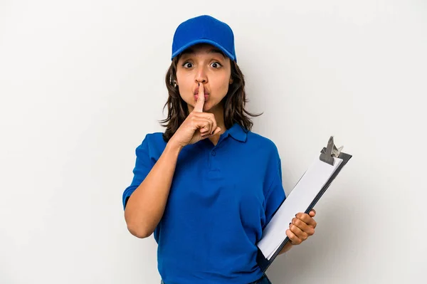 Young Hispanic Woman Delivery Man Isolated White Background Keeping Secret — ストック写真