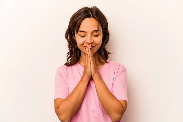 Young Hispanic Woman Isolated White Background Holding Hands Pray Mouth — Φωτογραφία Αρχείου