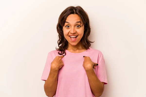 Young Hispanic Woman Isolated White Background Surprised Pointing Finger Smiling — 스톡 사진