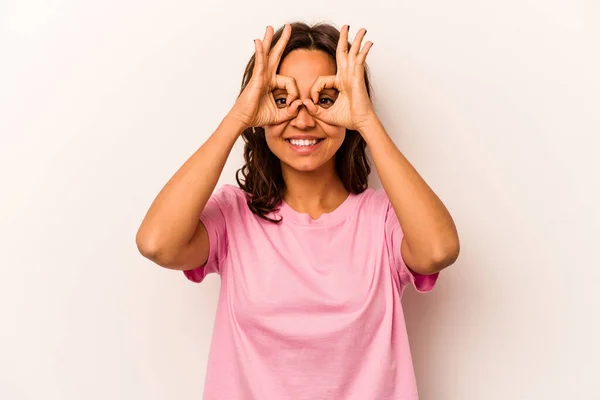 Young Hispanic Woman Isolated White Background Showing Okay Sign Eyes —  Fotos de Stock