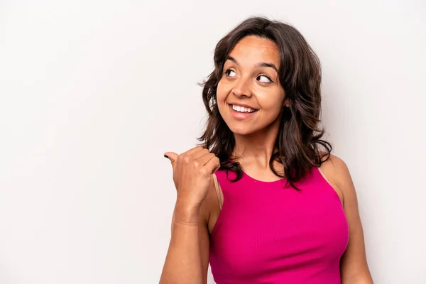 Young Hispanic Woman Isolated White Background Points Thumb Finger Away — 스톡 사진