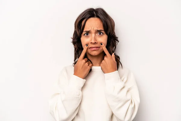 Young Hispanic Woman Isolated White Background Crying Unhappy Something Agony — Stockfoto