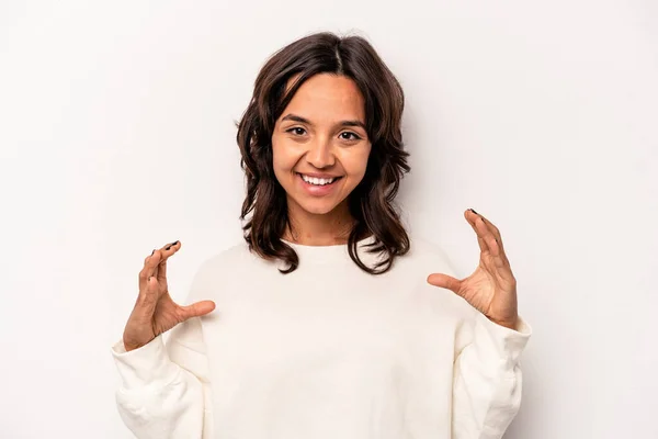 Young Hispanic Woman Isolated White Background Holding Something Palms Offering — Stockfoto