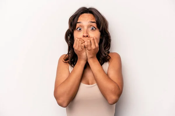 Young Hispanic Woman Isolated White Background Biting Fingernails Nervous Very — Foto Stock