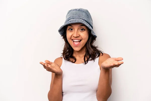 Young Hispanic Woman Isolated White Background Feels Confident Giving Hug — Foto Stock