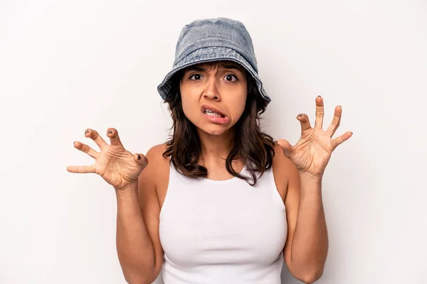 Young Hispanic Woman Isolated White Background Showing Claws Imitating Cat — Foto Stock