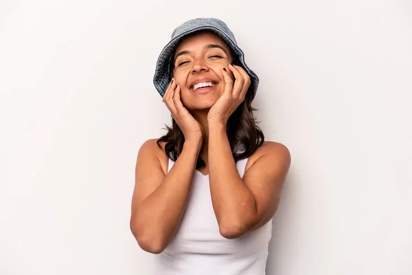Young Hispanic Woman Isolated White Background Laughs Joyfully Keeping Hands — Fotografia de Stock