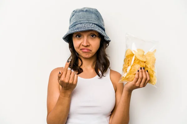 Young Hispanic Woman Holding Bag Chips Isolated White Background Pointing — Stock Fotó