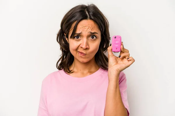 Young Hispanic Woman Holding Car Keys Isolated White Background Confused — Stock fotografie