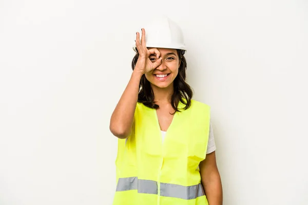 Young Laborer Hispanic Woman Isolated White Background Excited Keeping Gesture — Stock Photo, Image