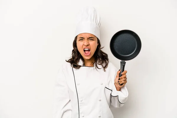 Young Hispanic Chef Woman Isolated White Background Screaming Very Angry — Stockfoto