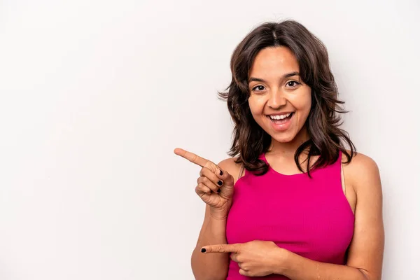 Young Hispanic Woman Isolated White Background Excited Pointing Forefingers Away — Stockfoto