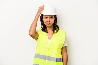 Beyaz arka planda izole edilmiş genç bir işçi kadın şok geçiriyordu, önemli bir toplantıyı hatırladı..