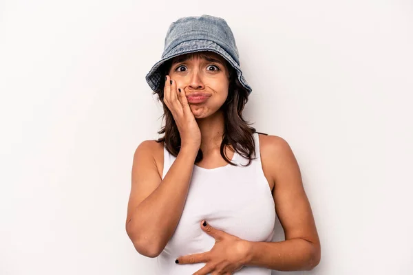 Young Hispanic Woman Isolated White Background Blows Cheeks Has Tired — Stockfoto