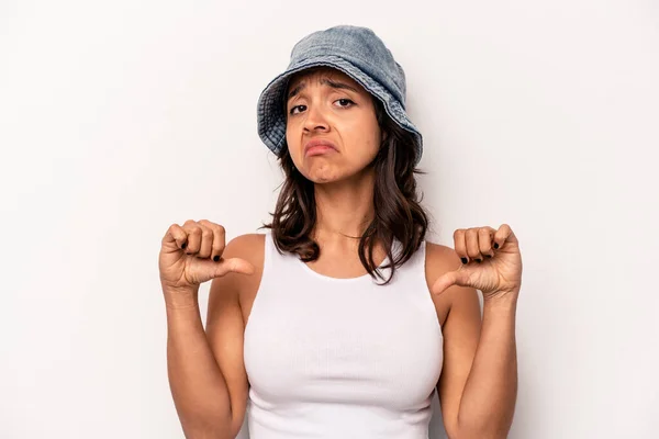 Young Hispanic Woman Isolated White Background Showing Thumb Disappointment Concept — Foto Stock