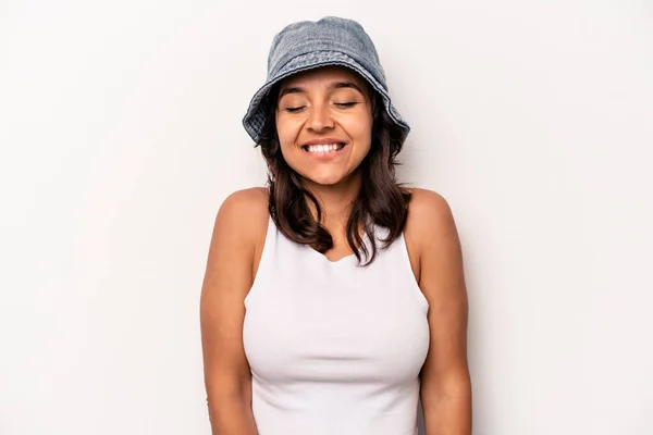 Young Hispanic Woman Isolated White Background Laughs Closes Eyes Feels — Foto de Stock