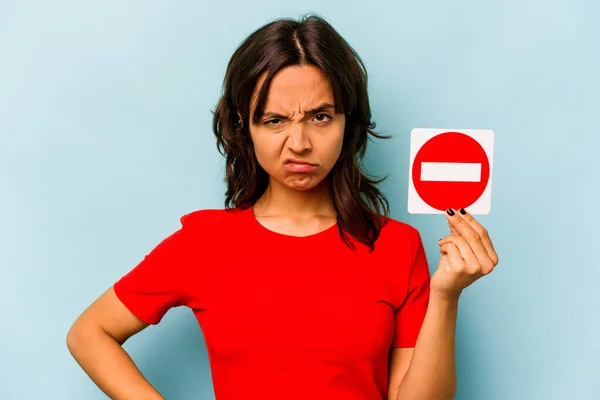 Young Hispanic Woman Holding Forbidden Sign Isolated Blue Background — ストック写真