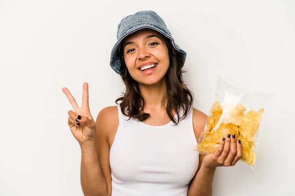 Young Hispanic Woman Holding Bag Chips Isolated White Background Joyful — Foto Stock