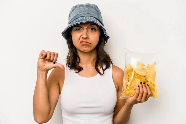 Young Hispanic Woman Holding Bag Chips Isolated White Background Showing — Stock Photo, Image